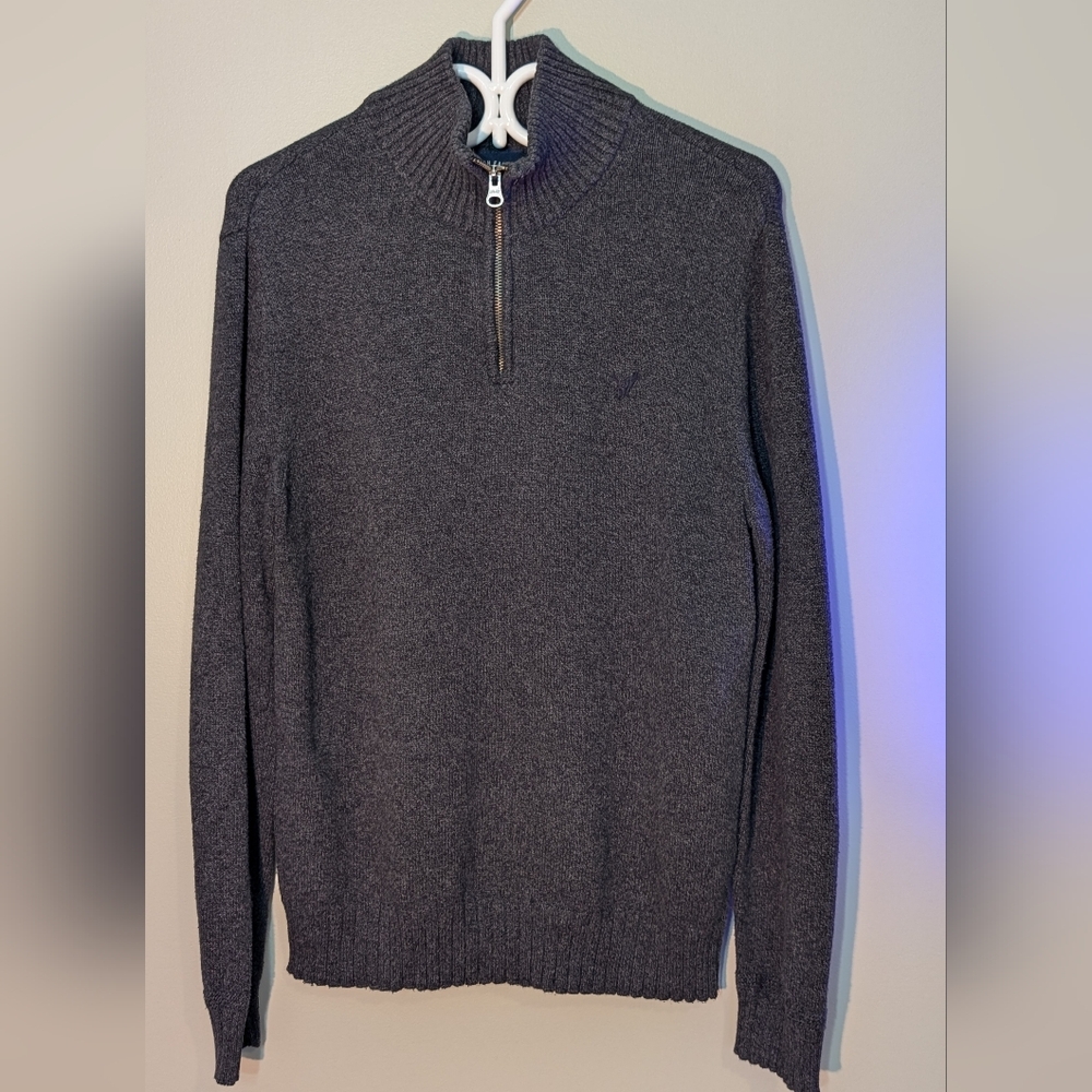 American Eagle Men's Sweater 100% Cotton Grey Zip Knit Pullover Size M